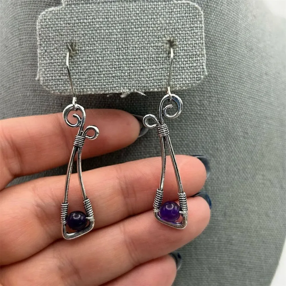 Fun Whimsical Curved Silver Tone Long Dangle Earrings Purple Beaded Bow Knot